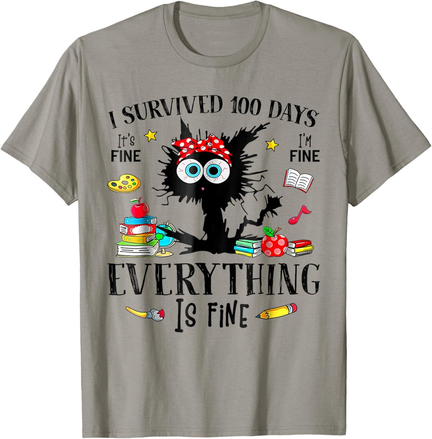 I Survived 100 Days Of School Teacher & Kids Funny Cat T-Shirt - T-Shirt | Sand