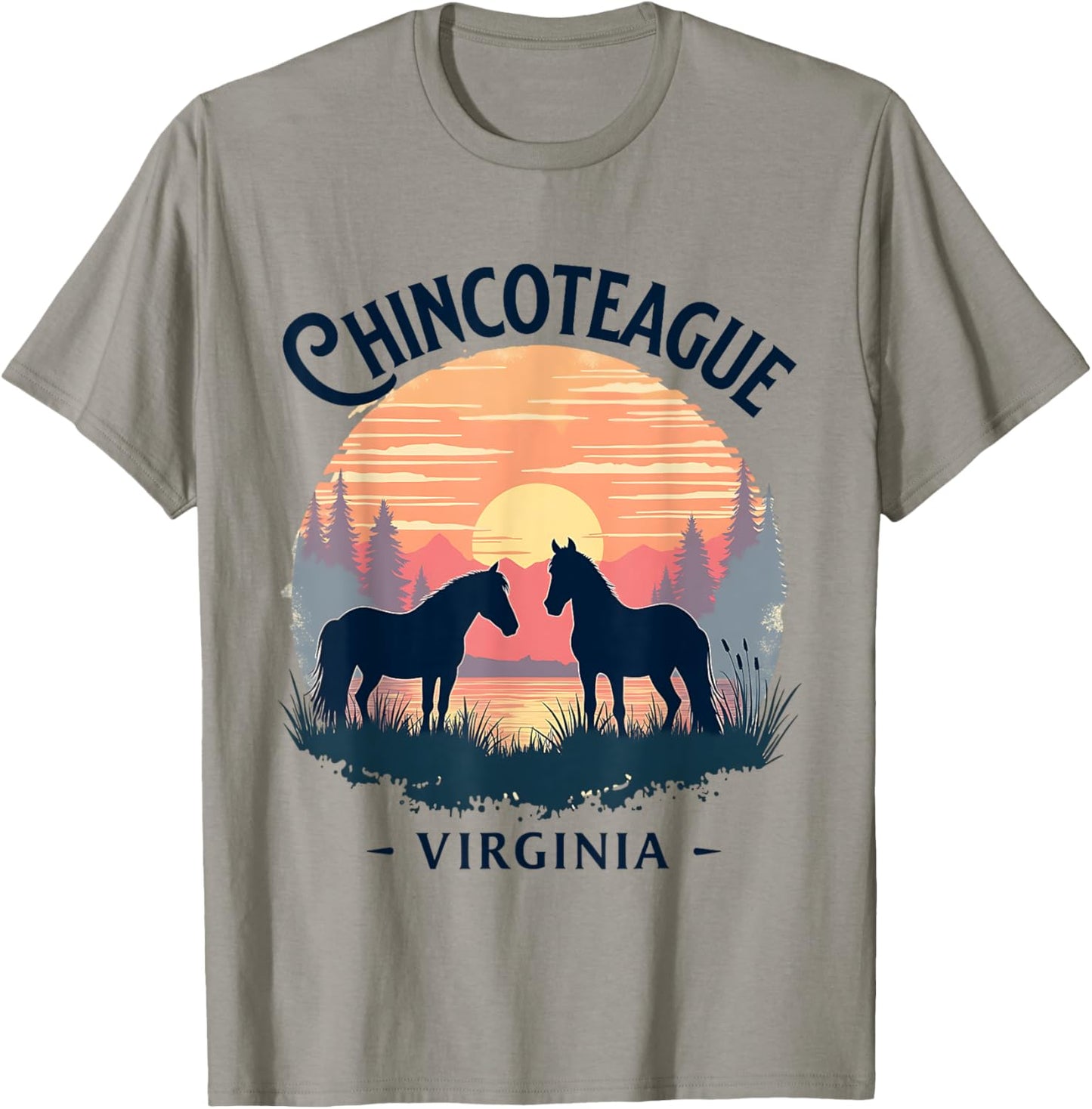 Chincoteague Virginia Scenic Sunset Horse Design T-Shirt - T-Shirt | Sand