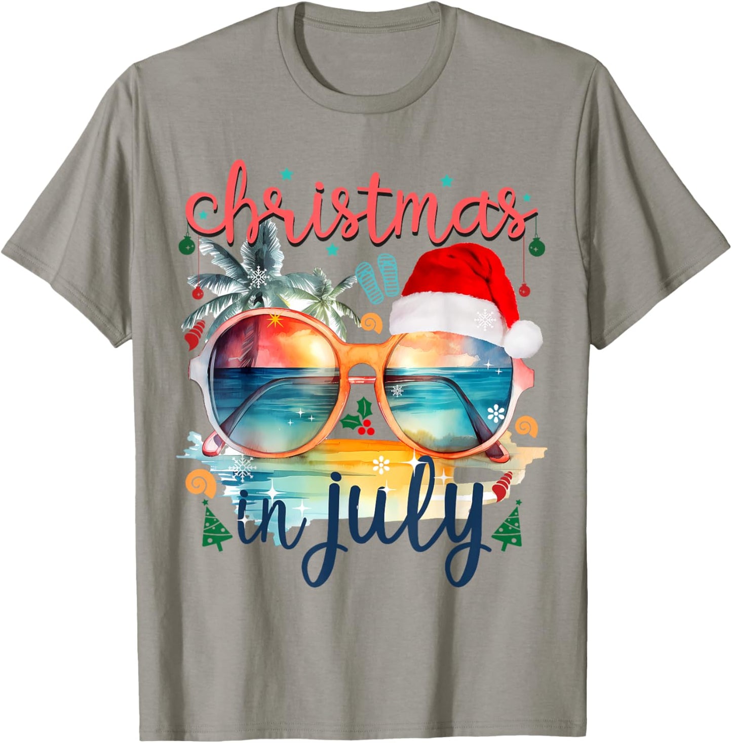 Sunglasses Christmas in July Santa Hat Summer Vacation cute Women Kids T-Shirt - T-Shirt | Sand