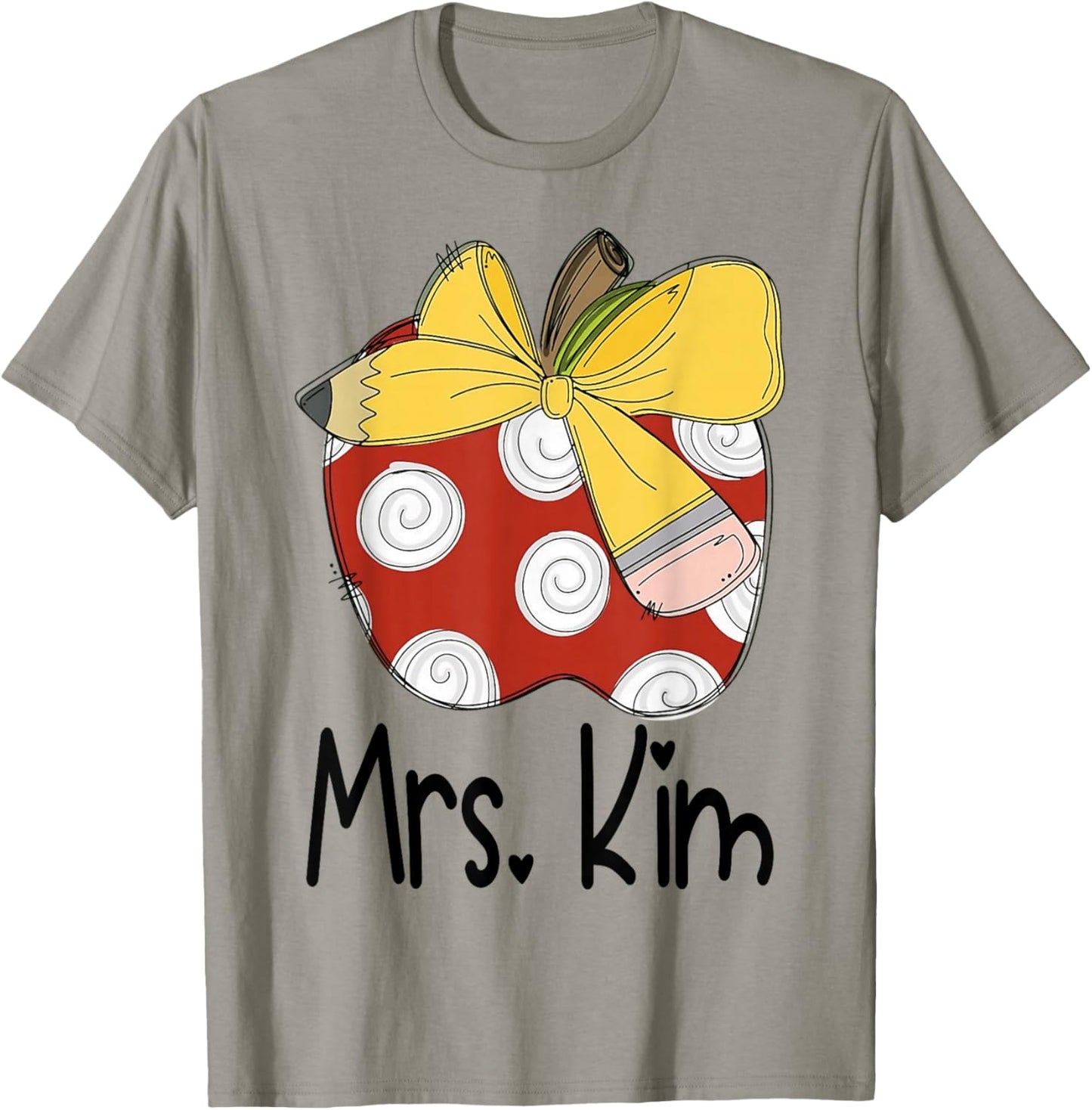 Mrs. Kim Apple Pencil Bow Teacher Graphic Design T-Shirt - T-Shirt | Sand