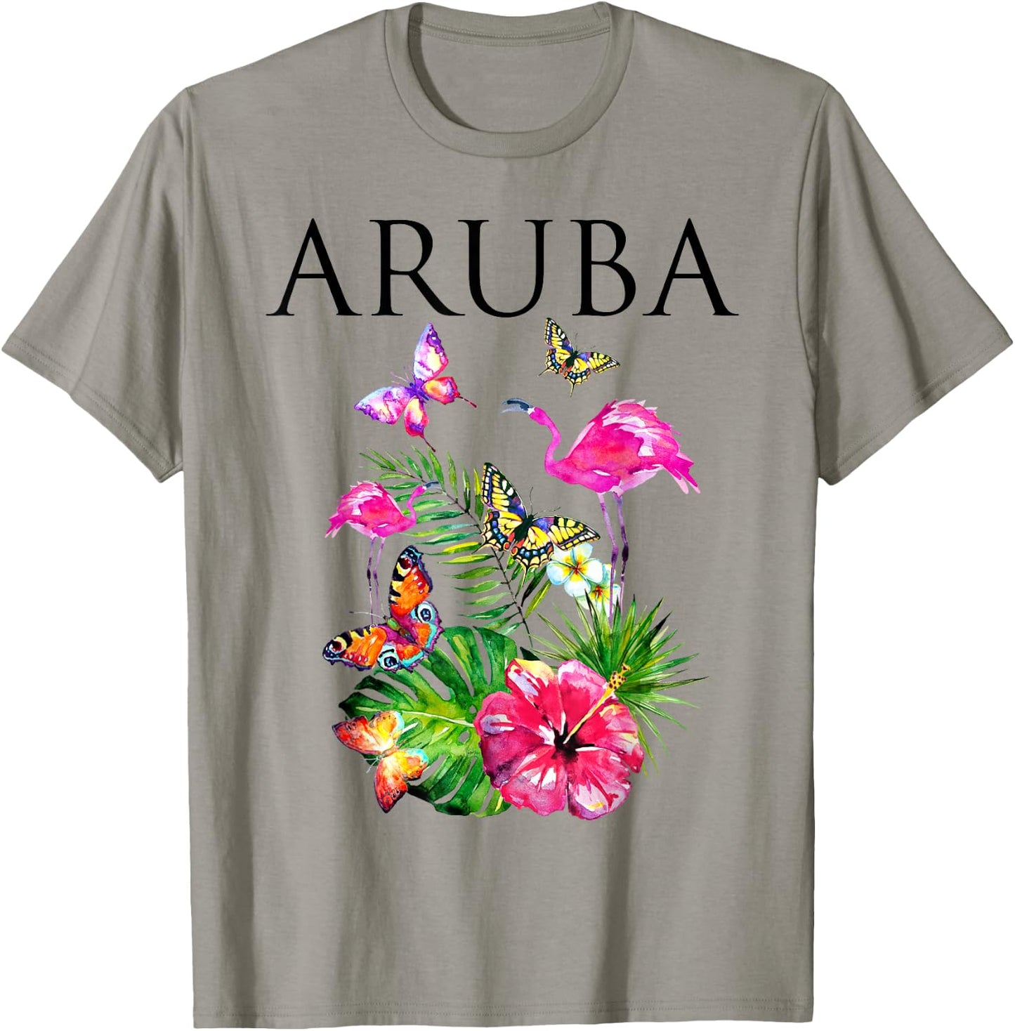 Aruba Flowers Paradise Butterflies Hawaii Print T-Shirt - T-Shirt | Sand