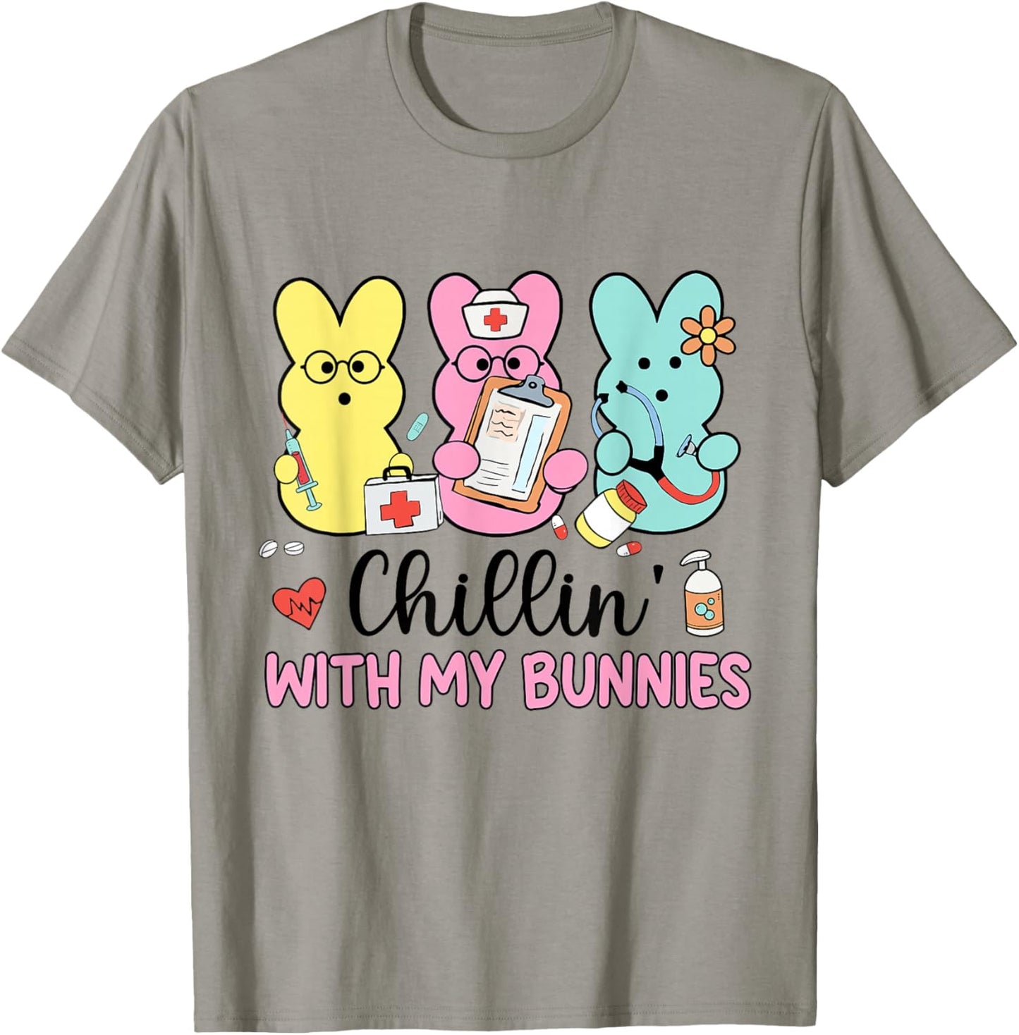 Chillin With My Bunnies Stethoscope Scrub Nurse Easter Day T-Shirt - T-Shirt | Sand