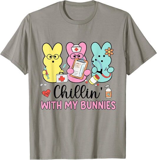 Chillin With My Bunnies Stethoscope Scrub Nurse Easter Day T-Shirt - T-Shirt | Sand