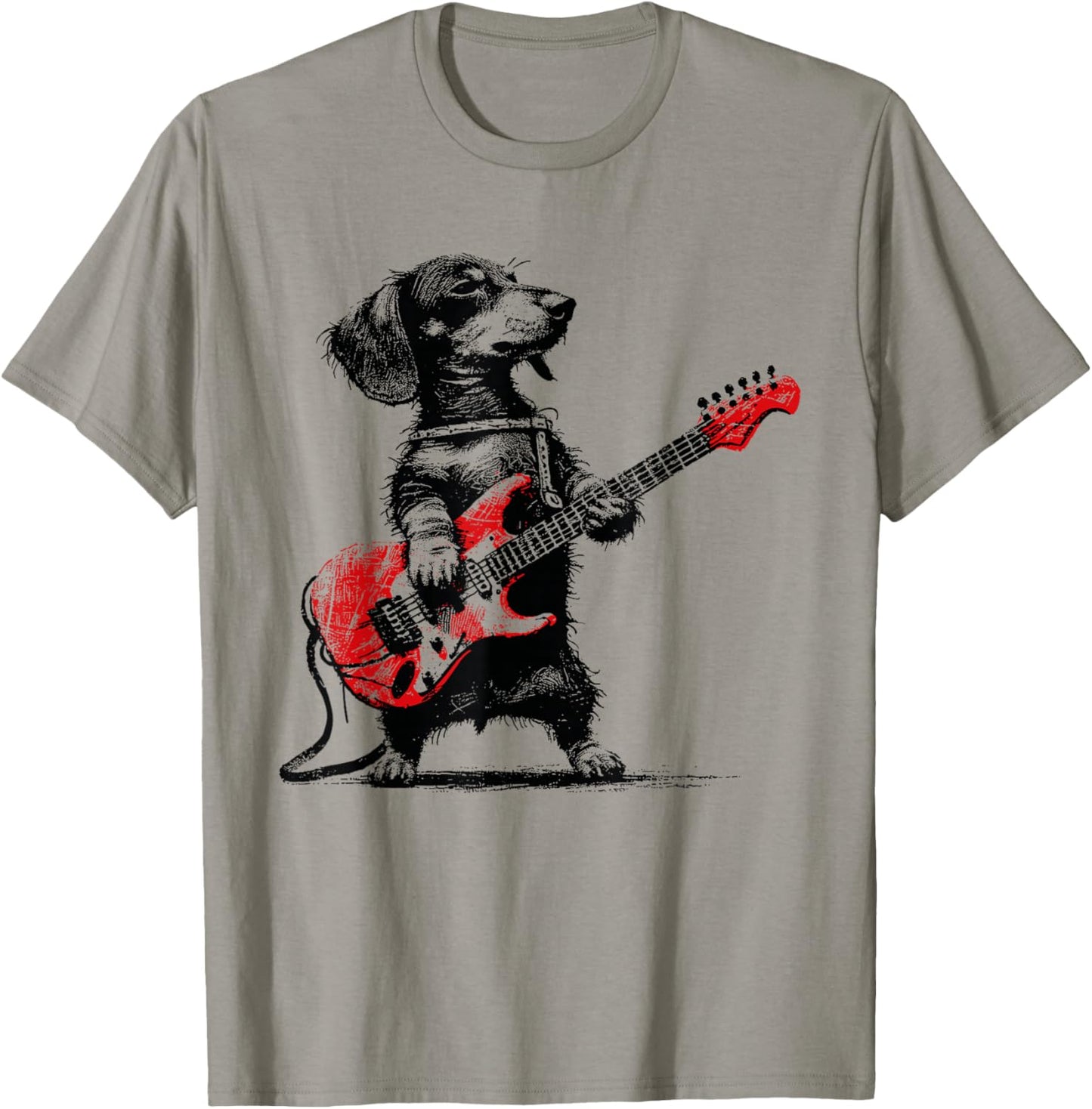 Rock Guitar Dog Vintage Dachshund Musician Cool Animal Art T-Shirt - T-Shirt | Sand