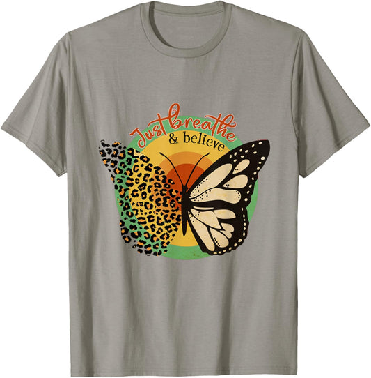Just Breathe & Believe Keep Calm Leopard Print Butterfly T-Shirt - T-Shirt | Sand