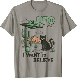 UFO Hunting Sci-fi Fan Black Cat in Desert I Want to Believe T-Shirt - T-Shirt | Sand