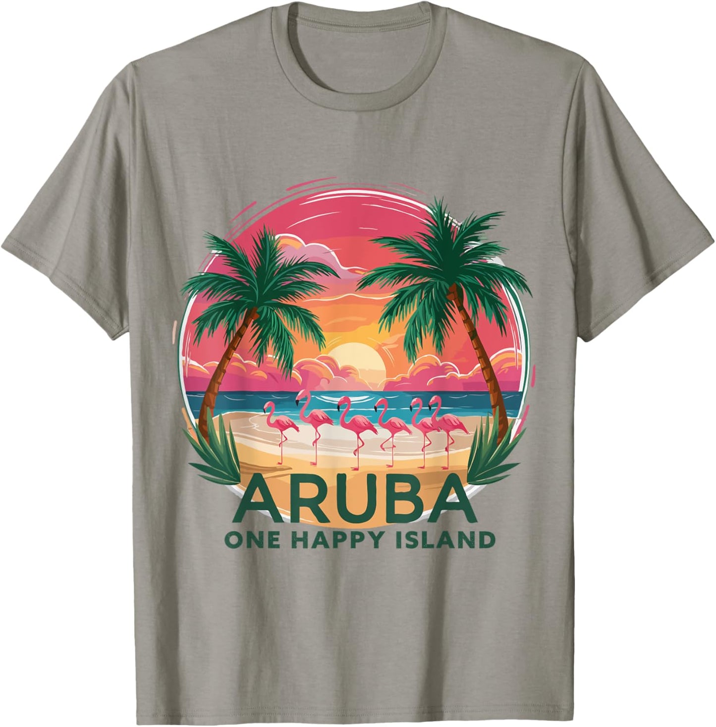 Aruba's One Happy Island beautiful sunset beach Flamingo T-Shirt - T-Shirt | Sand