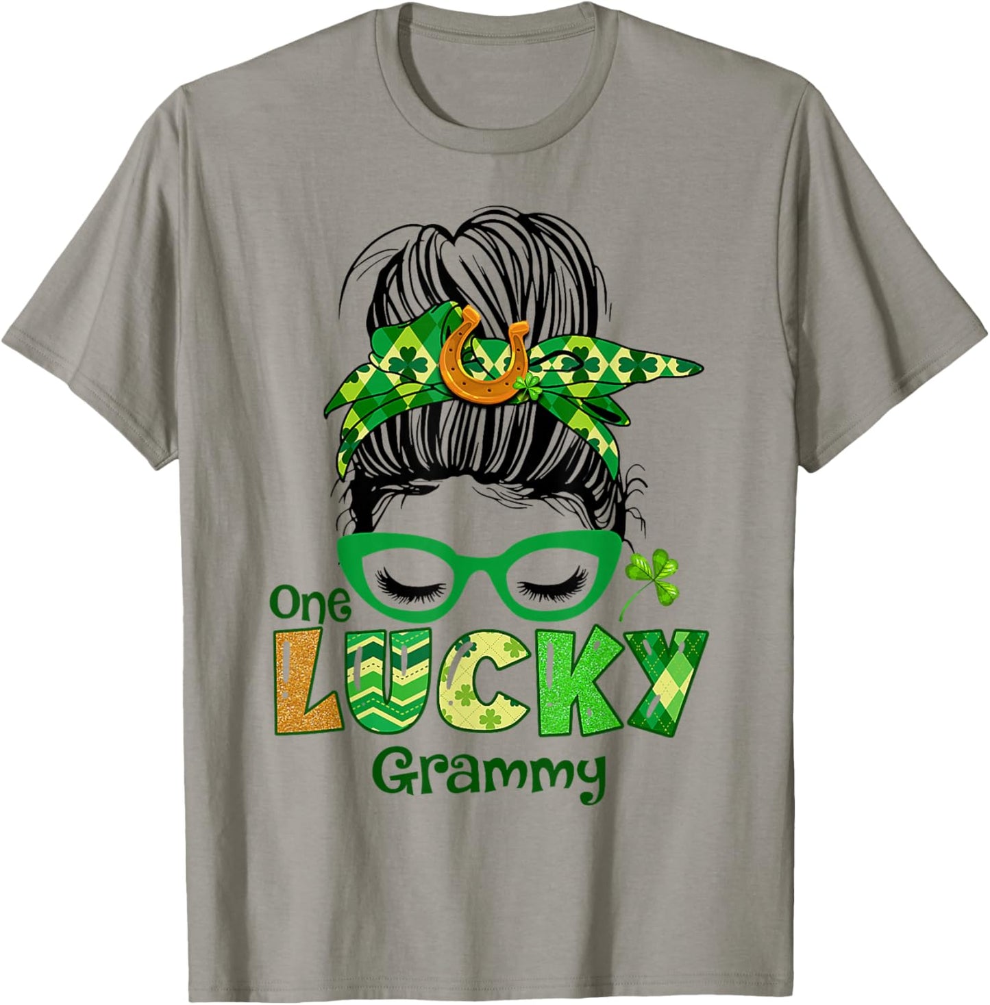 One Lucky Grammy Messy Bun Leopard St Patricks Day Shamrock T-Shirt - T-Shirt | Sand