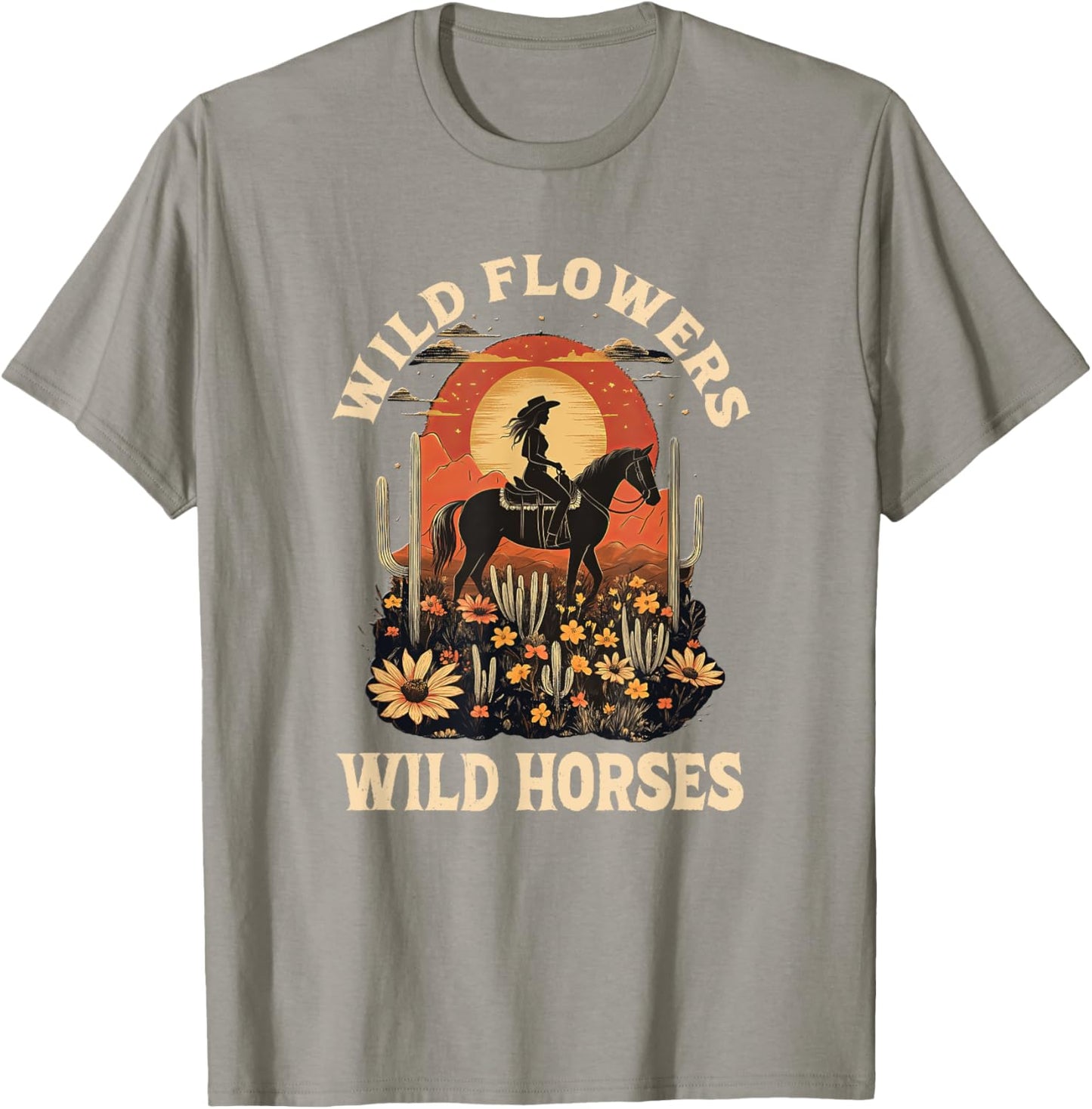 Western Sunset Cowgirl Riding Horse Wild Flowers Wild Horses T-Shirt - T-Shirt | Sand