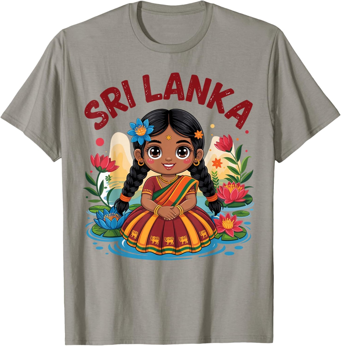 Sri Lankan Girl in Traditional Dress with Lotus Flowers Kids T-Shirt - T-Shirt | Sand