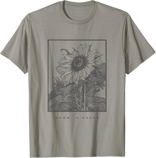 Grow In Grace, Christian Sunflower T-Shirt - T-Shirt | Sand