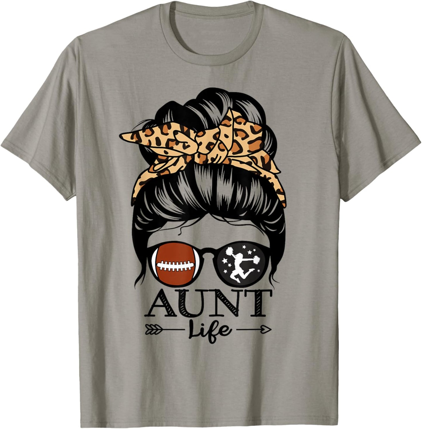 Aunt Life Messy Bun Hair Funny Football Cheer Aunt T-Shirt - T-Shirt | Sand