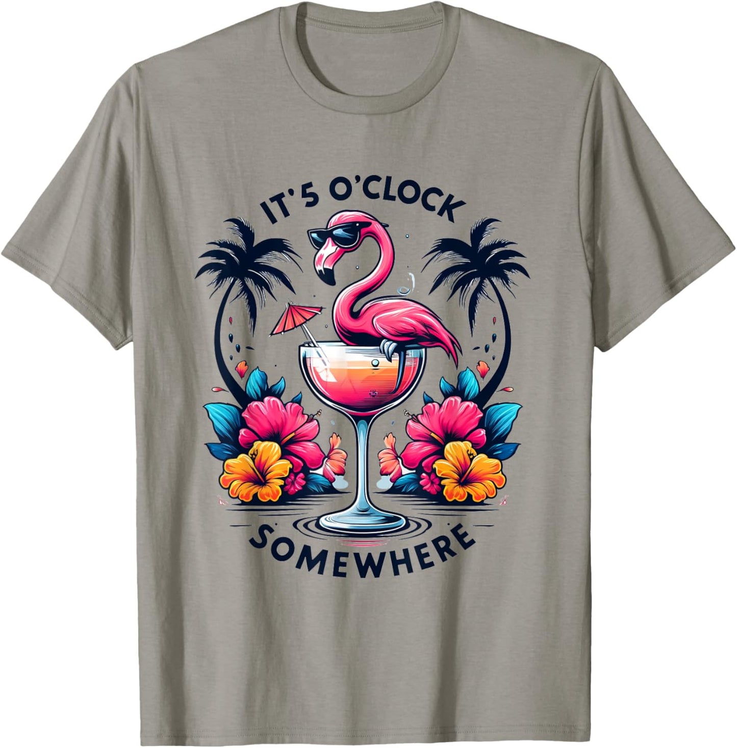 It's 5 O'Clock Somewhere Flamingo Beach Vacation Drinking Women T-Shirt - T-Shirt | Sand