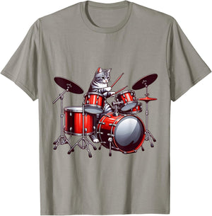 Cat Playing Drums Funny Percussionist Drummer Cat Graphic T-Shirt - T-Shirt | Sand