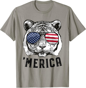 Tiger American Flag 4th of July Merica Sunglasses T-Shirt - T-Shirt | Sand