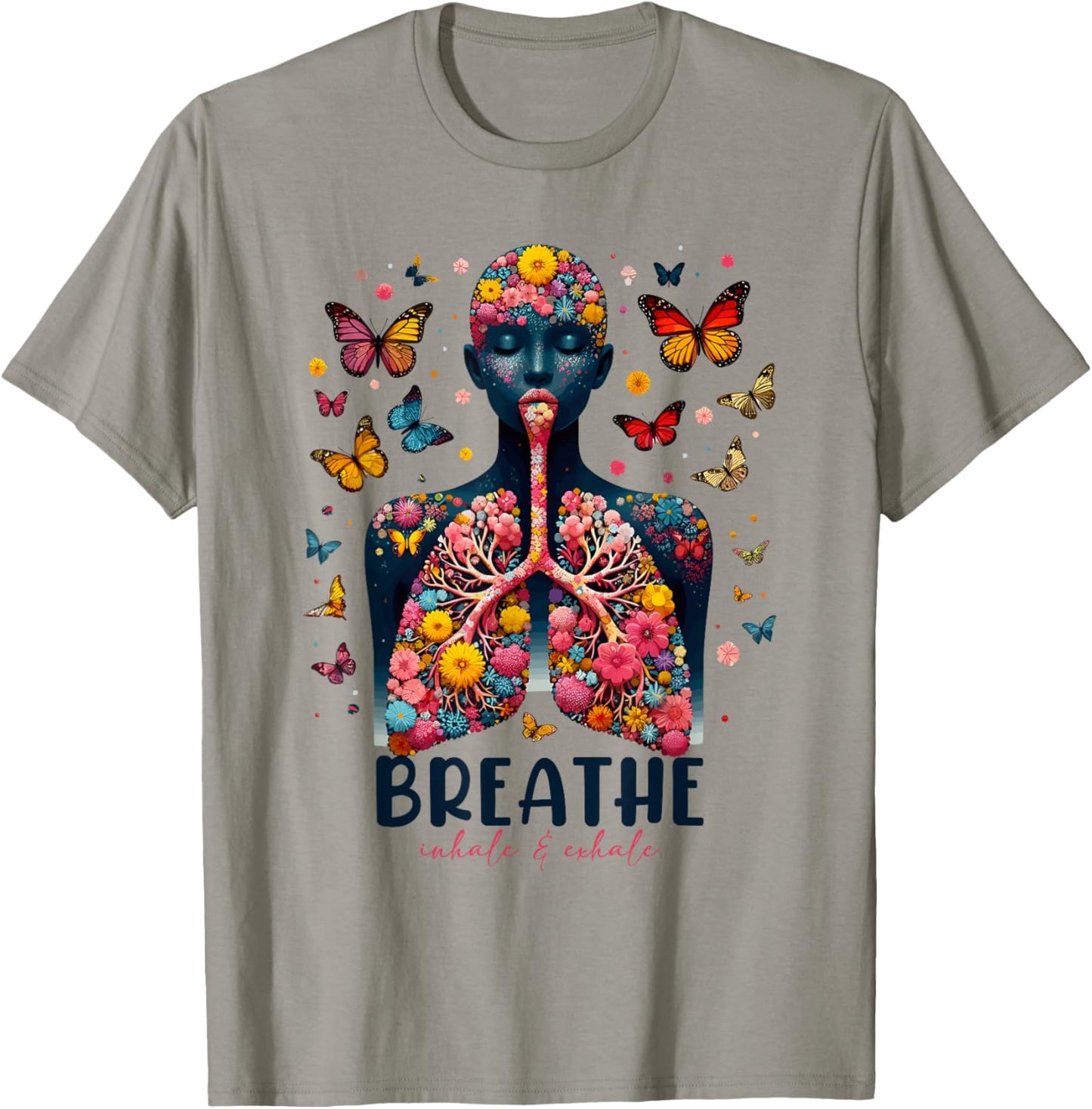 Breathe Inhale Exhale Floral Lung respiratory therapist T-Shirt - T-Shirt | Sand