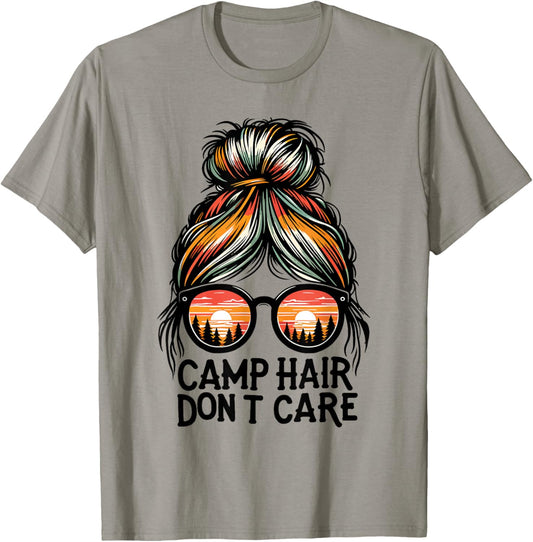 Camp Hair Don't Care Messy Bun Funny Camping Camper Women T-Shirt - T-Shirt | Sand