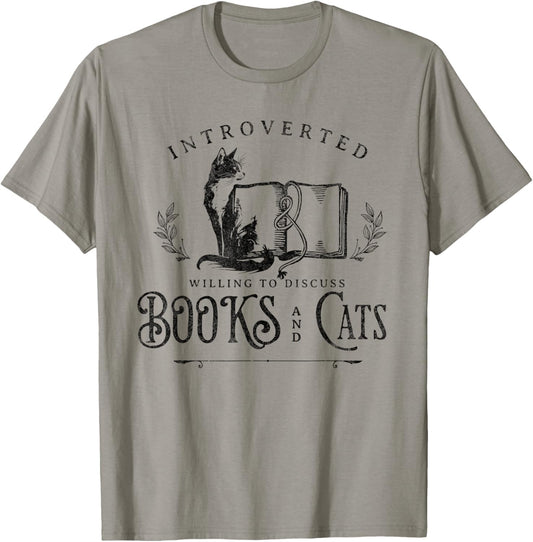 Introverted But Willing to discuss Cats and Books T-Shirt - T-Shirt | Sand