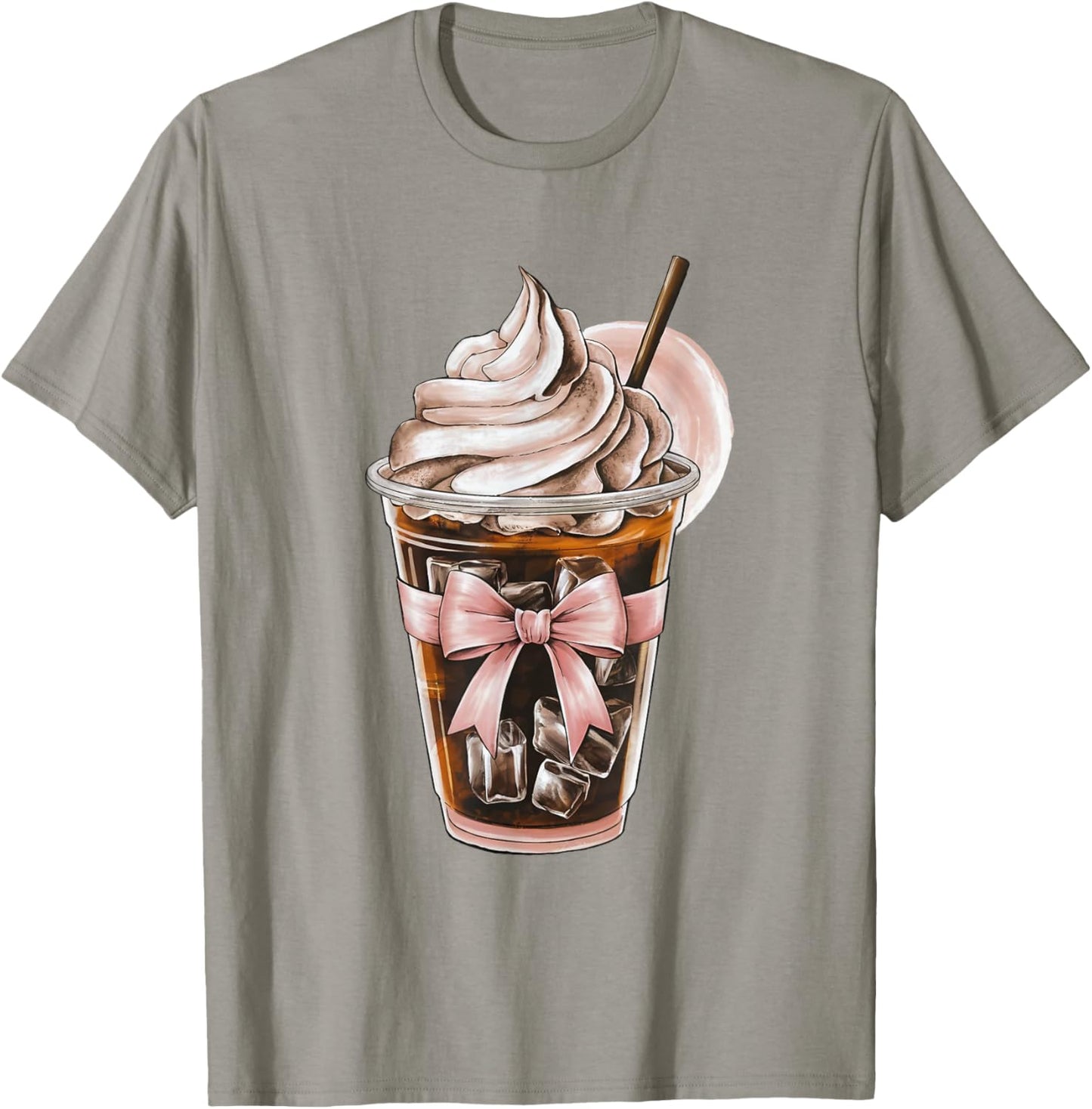 Cute Pink Bow Coquette Iced Coffee Lover Girl Aesthetic Mom T-Shirt - T-Shirt | Sand