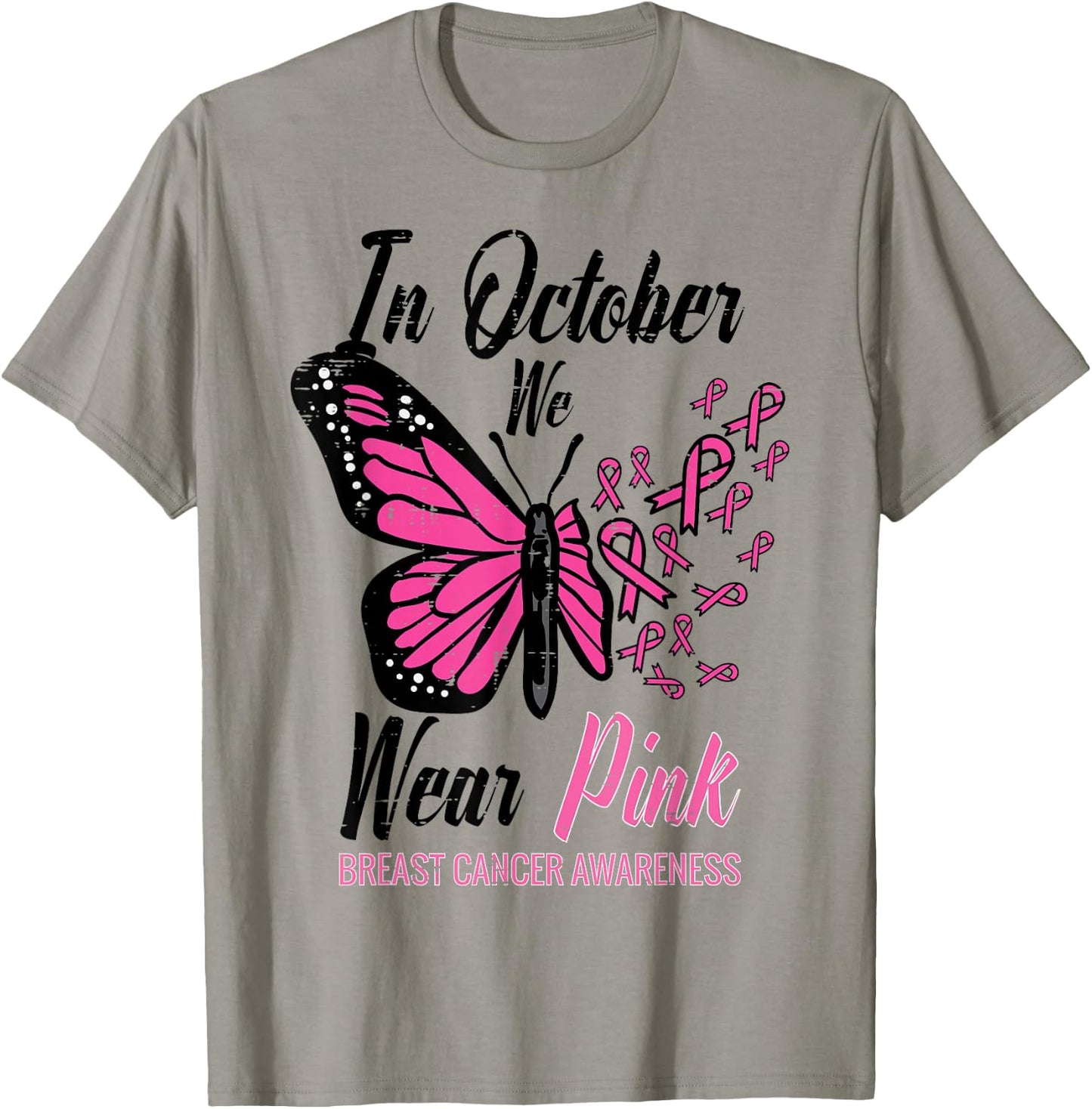In October We Wear Pink Butterfly Breast Cancer Awareness T-Shirt - T-Shirt | Sand