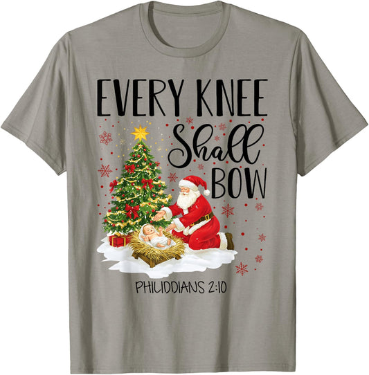 Every Knee Shall Bow Santa Christmas Nativity Scene Xmas T-Shirt - T-Shirt | Sand