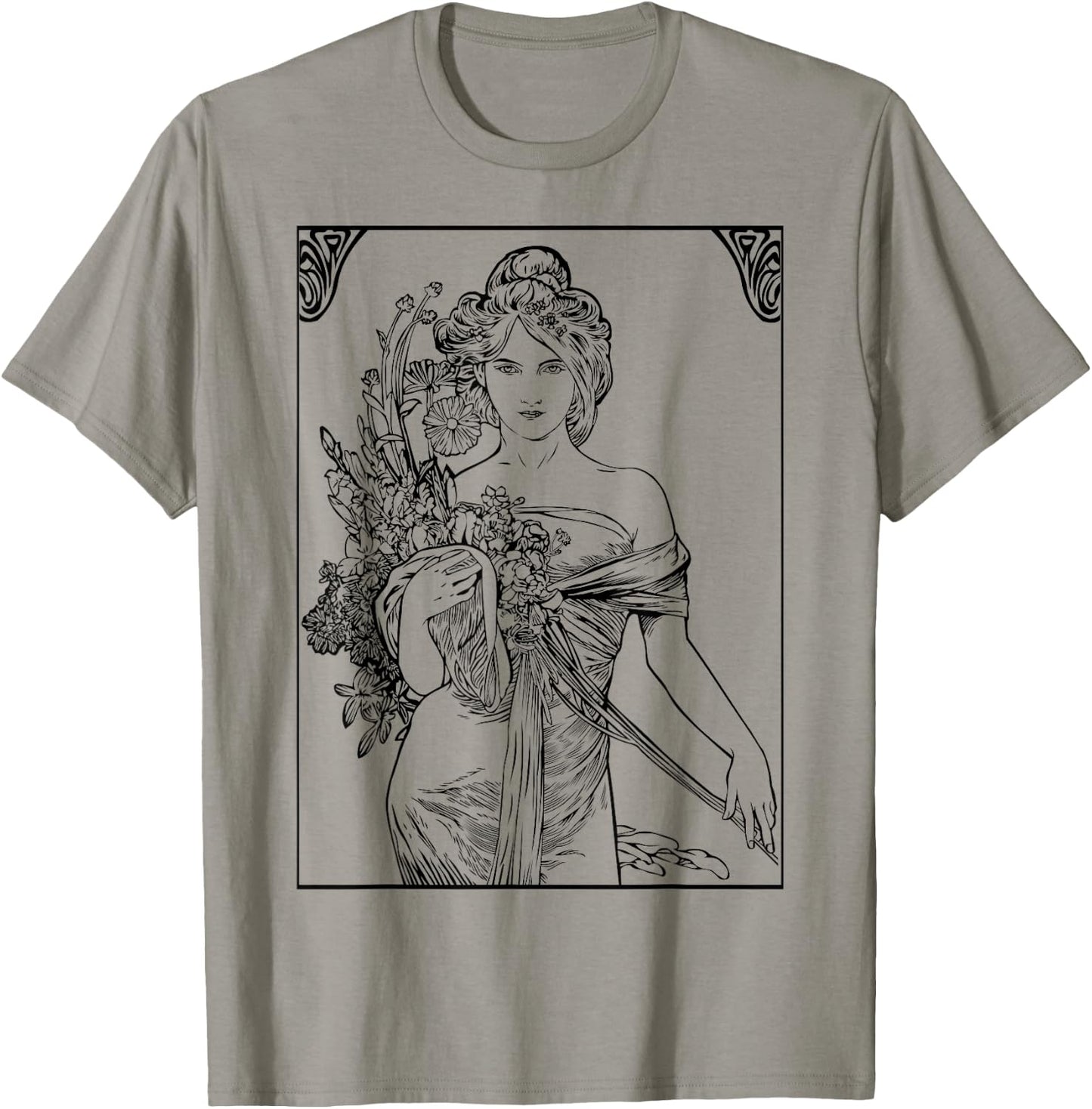 Art Nouveau Girl Holding Wild Flowers T-Shirt - T-Shirt | Sand
