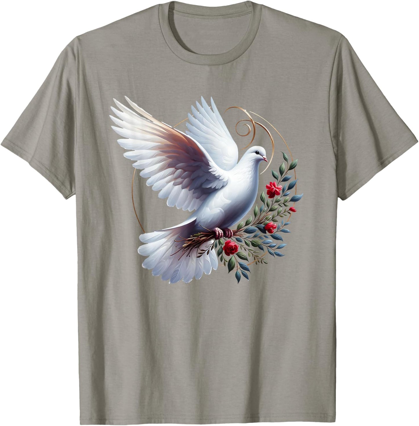 Elegant Flight of the Peaceful White Dove Bird Floral Art T-Shirt - T-Shirt | Sand