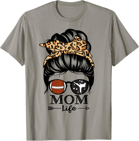 Mom Life Messy Bun Hair Funny Football Karate Mom T-Shirt - T-Shirt | Sand