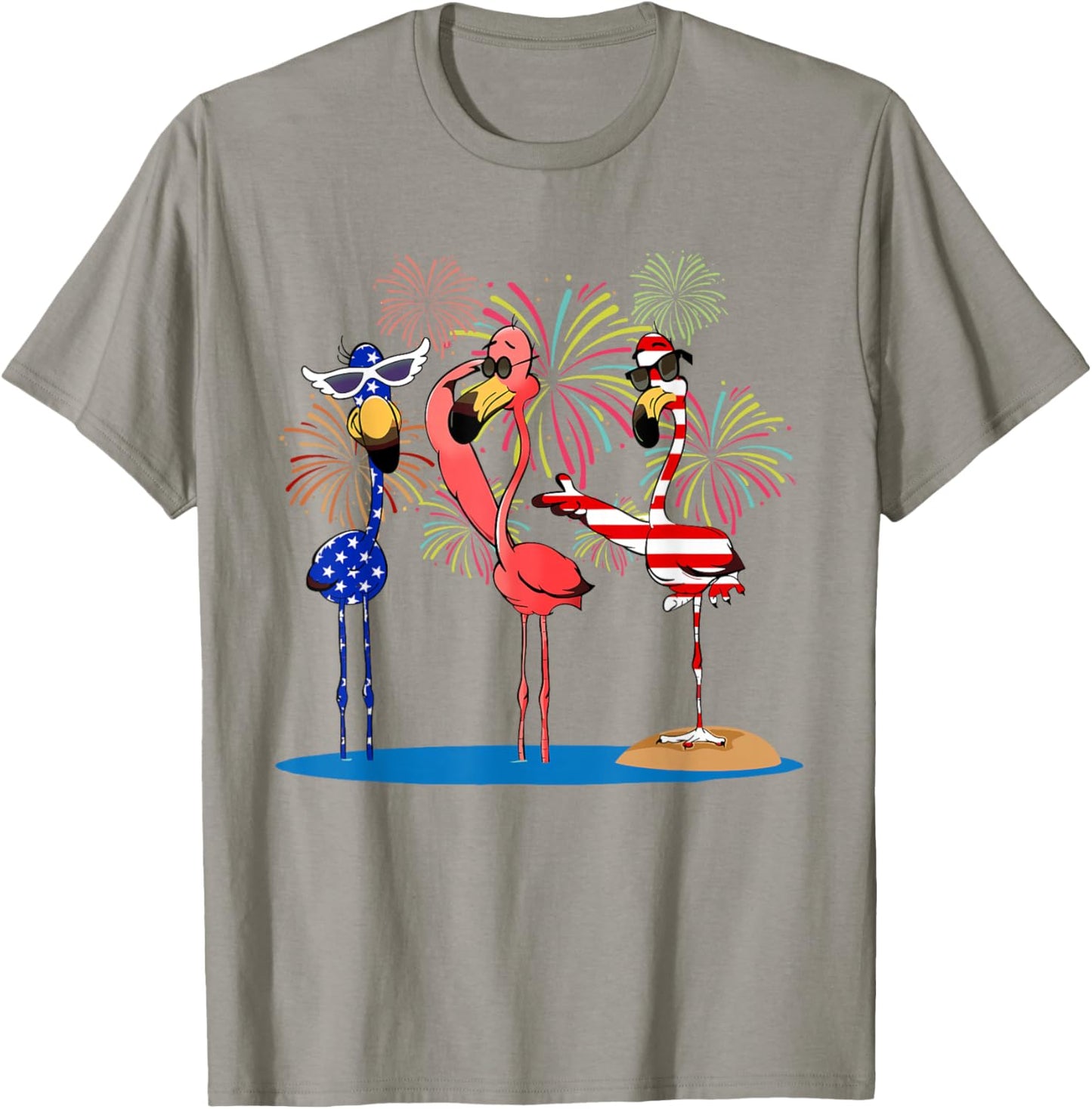 Flamingos And Fireworks Red White Blue 4th Of July American T-Shirt - T-Shirt | Sand