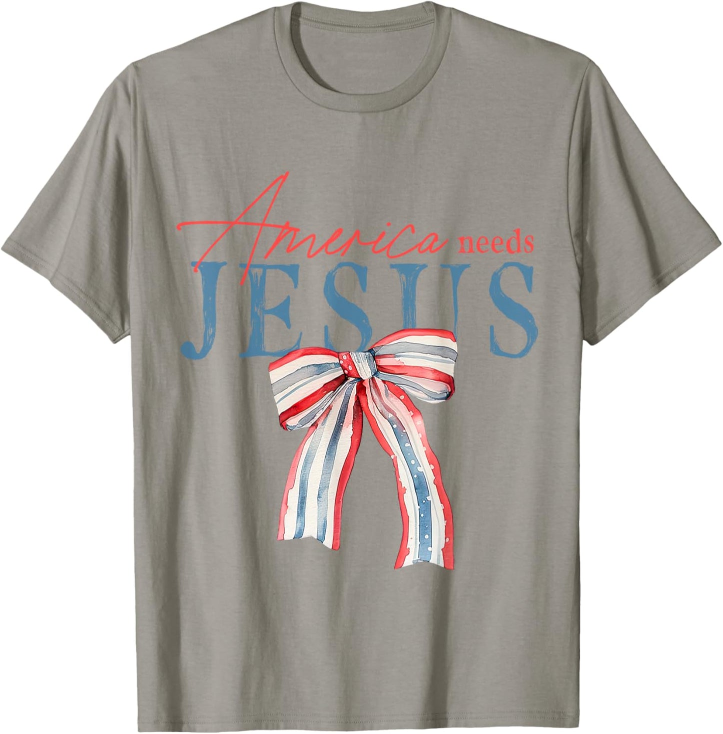 America Needs Jesus Coquette Bow Patriotic Christian Faith Women Kids Men T-Shirt - T-Shirt | Sand