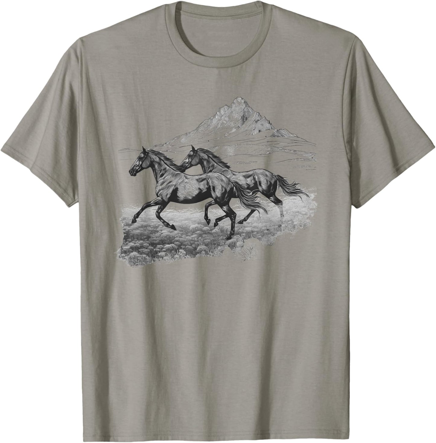 Wild Running Horses Vintage Art Portrait Equestrian Graphic T-Shirt - T-Shirt | Sand