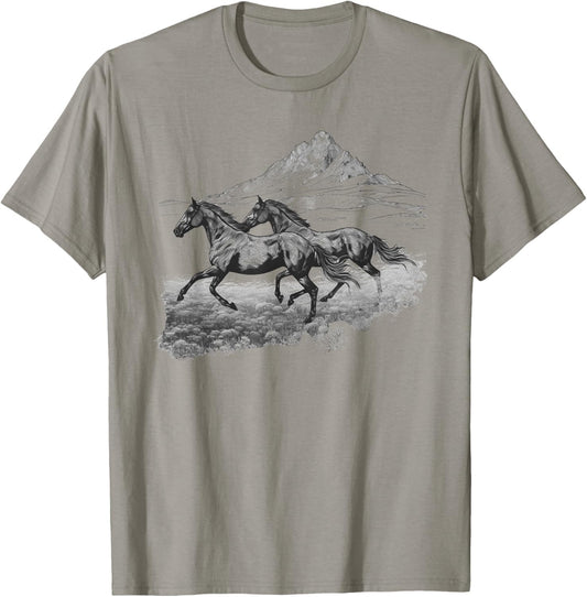 Wild Running Horses Vintage Art Portrait Equestrian Graphic T-Shirt - T-Shirt | Sand