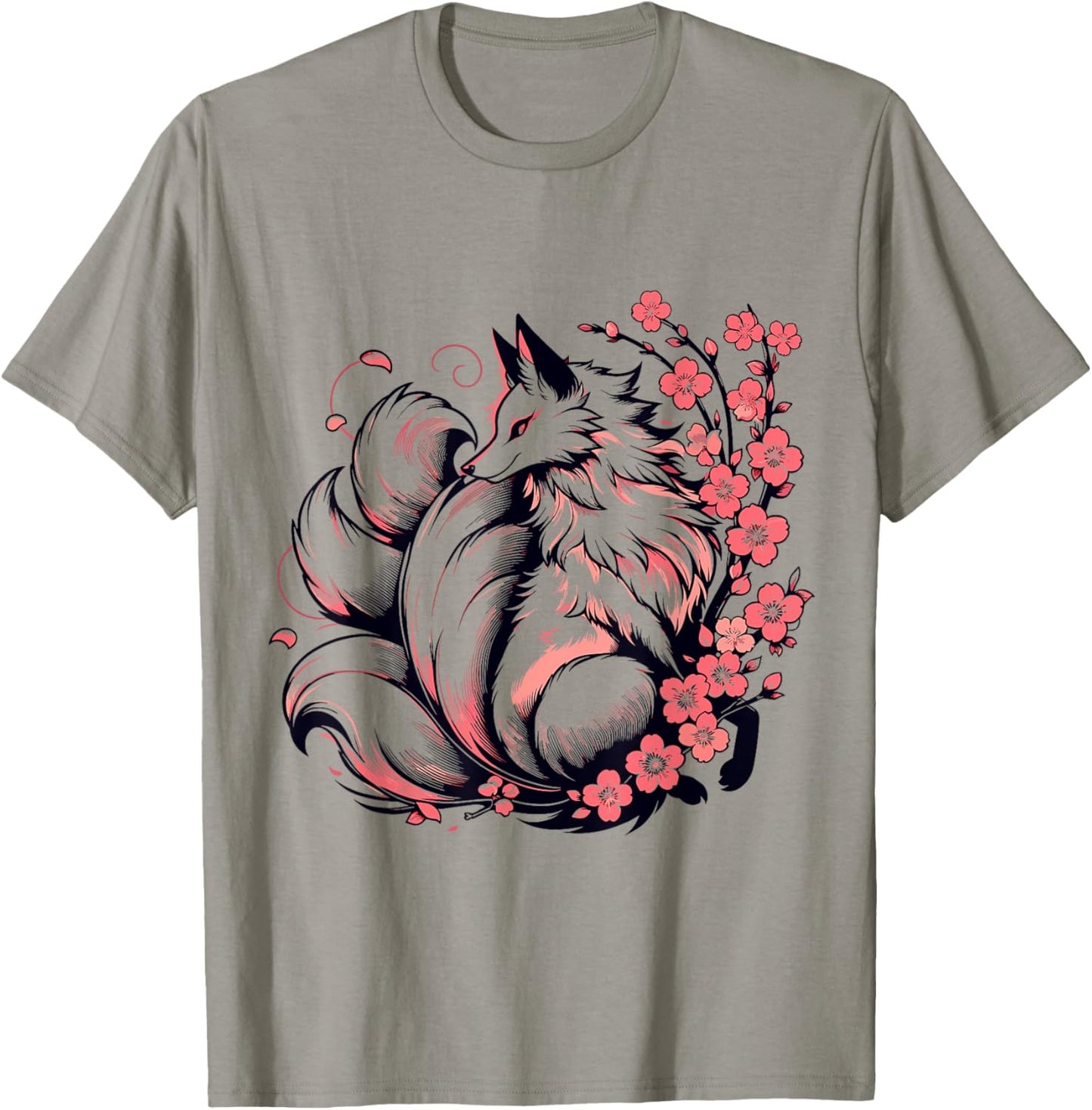 Retro Japanese Kitsune Nine Tailed Fox Cherry Blossom Anime T-Shirt - T-Shirt | Sand