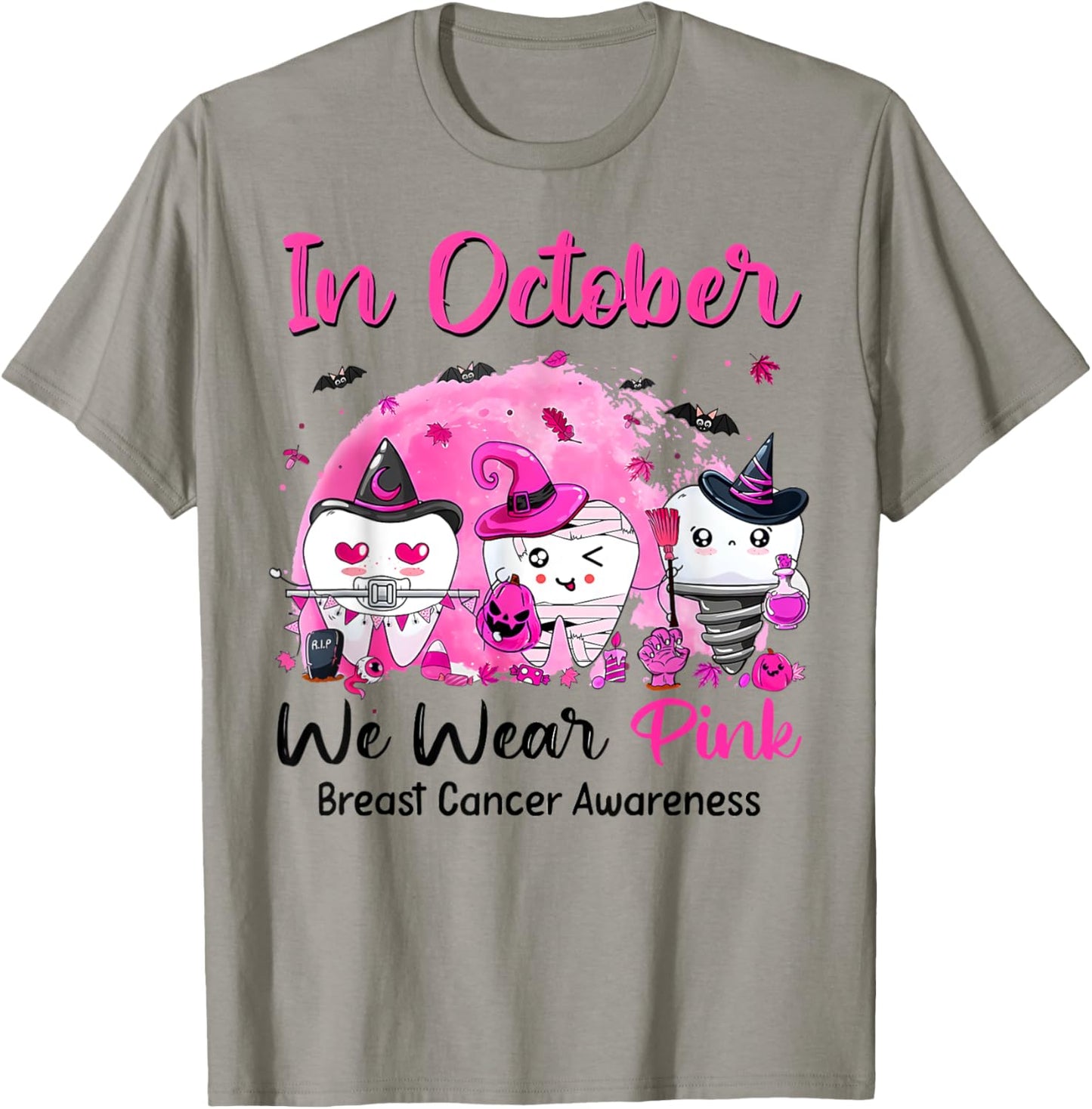 In October we Wear Pink Breast Cancer Leopard Dentist Dental T-Shirt - T-Shirt | Sand