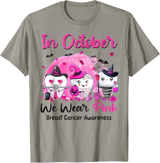 In October we Wear Pink Breast Cancer Leopard Dentist Dental T-Shirt - T-Shirt | Sand