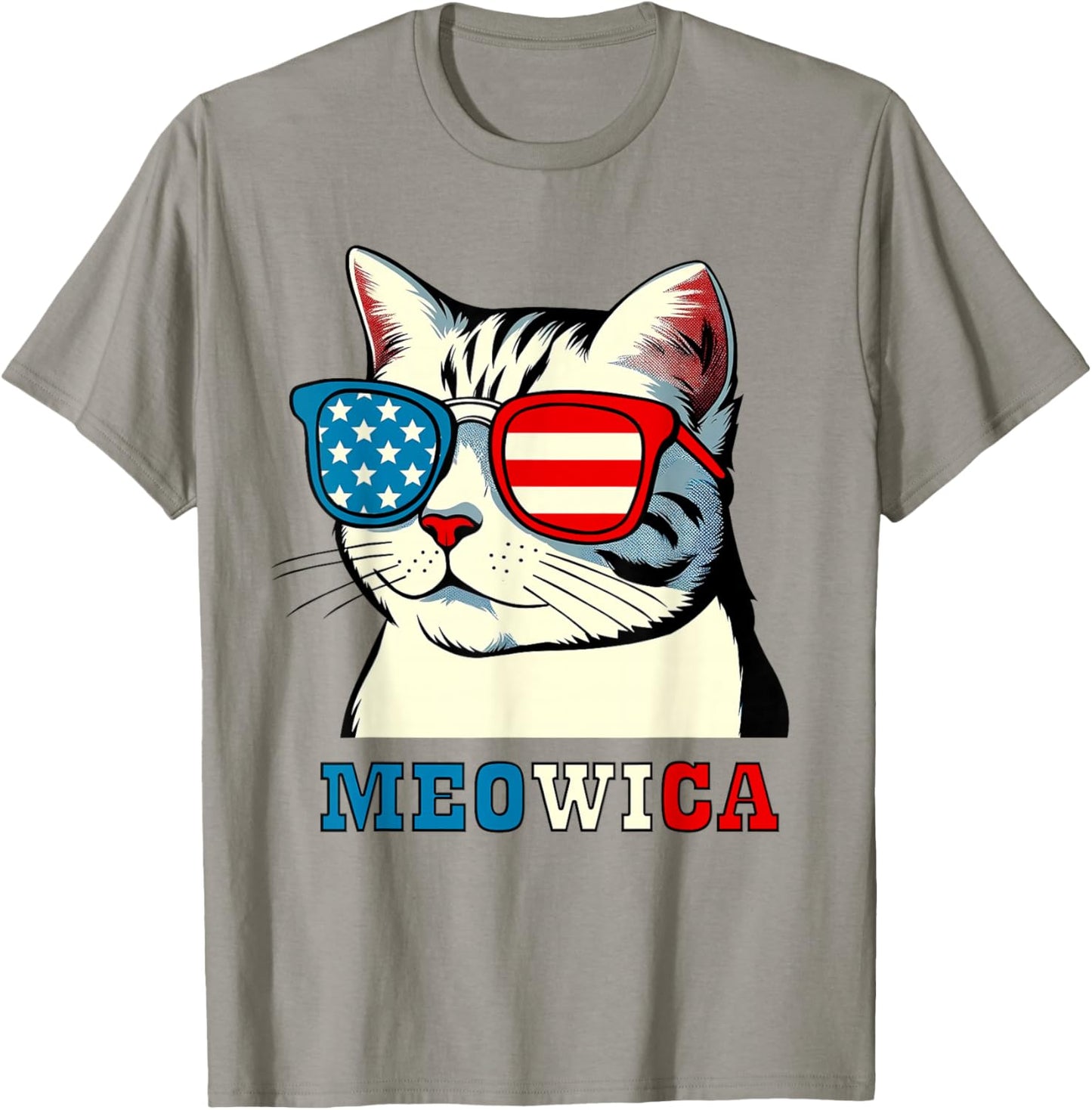 Meowica 4th of July Cat Sunglasses American USA Flag Cat T-Shirt - T-Shirt | Sand