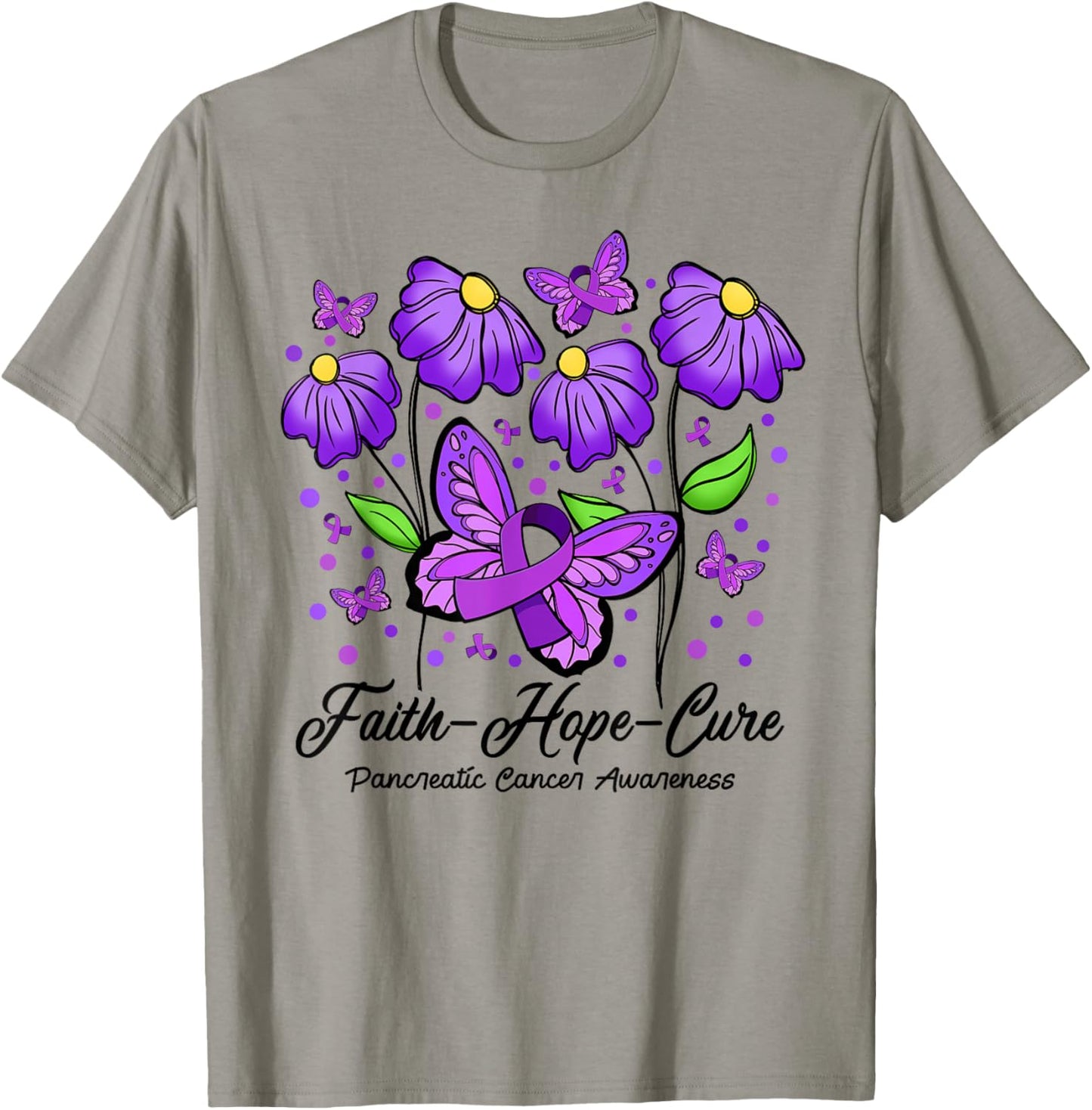 Faith Hope Cure Flower Butterfly Pancreatic Cancer T-Shirt - T-Shirt | Sand