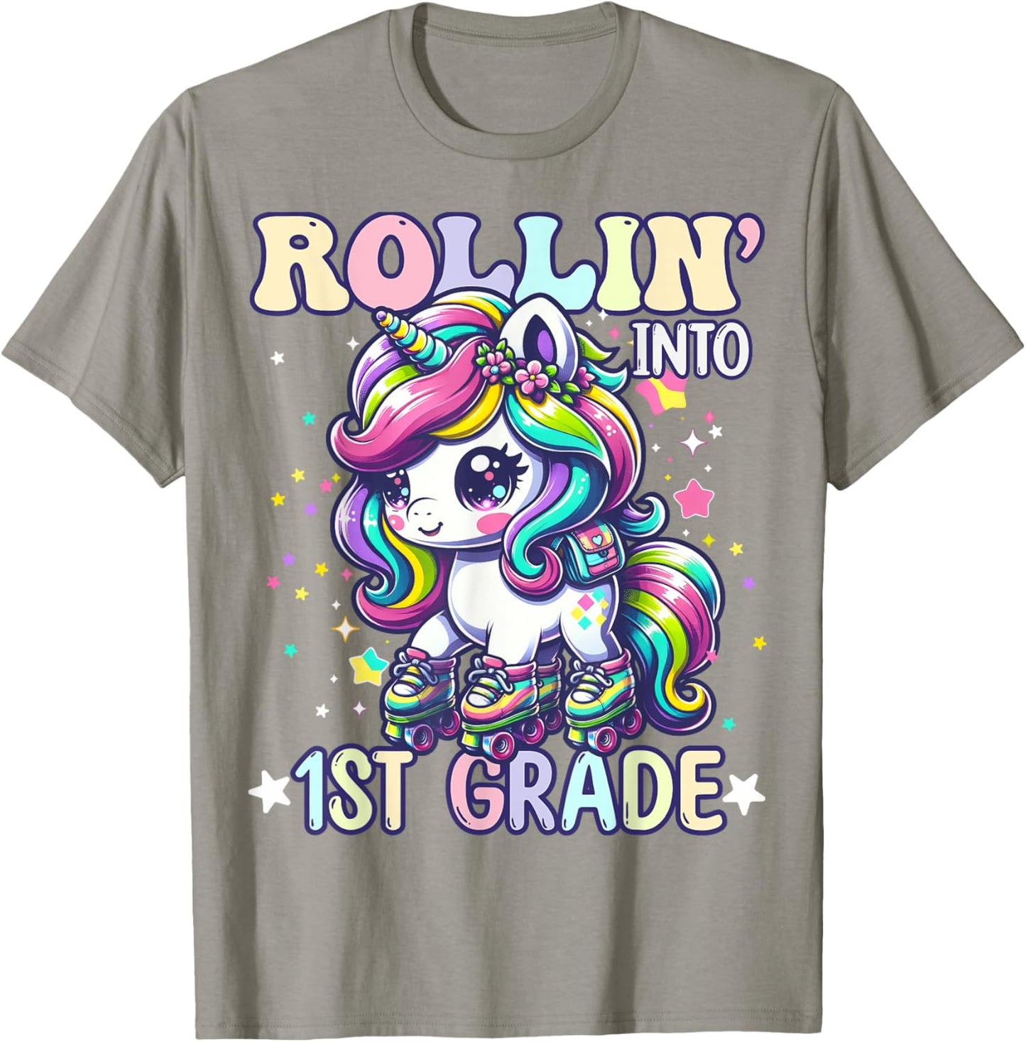 1st Grade Back To School First Day Girls Rollin Unicorn T-Shirt - T-Shirt | Sand