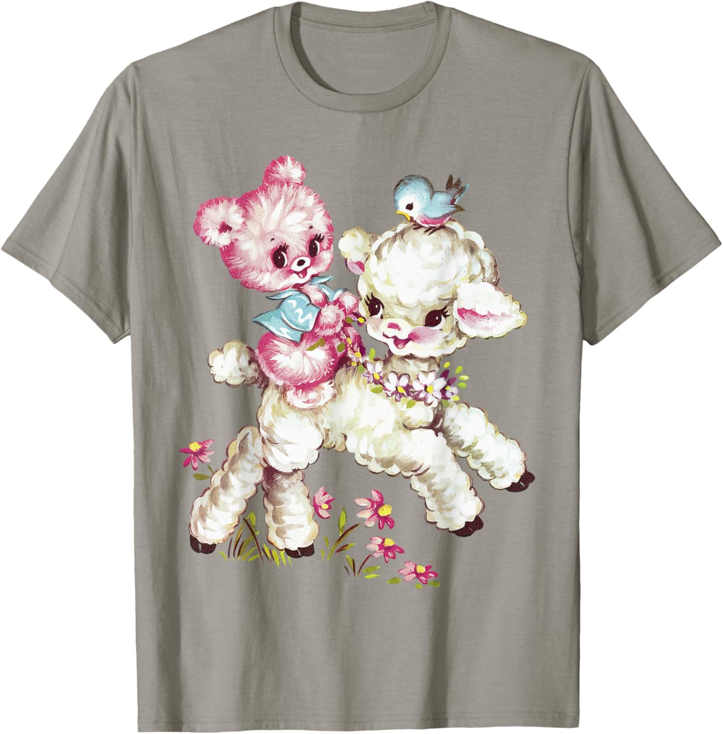 Vintage Easter Cute Lamb Bear Spring Flowers Retro Vintage T-Shirt - T-Shirt | Sand