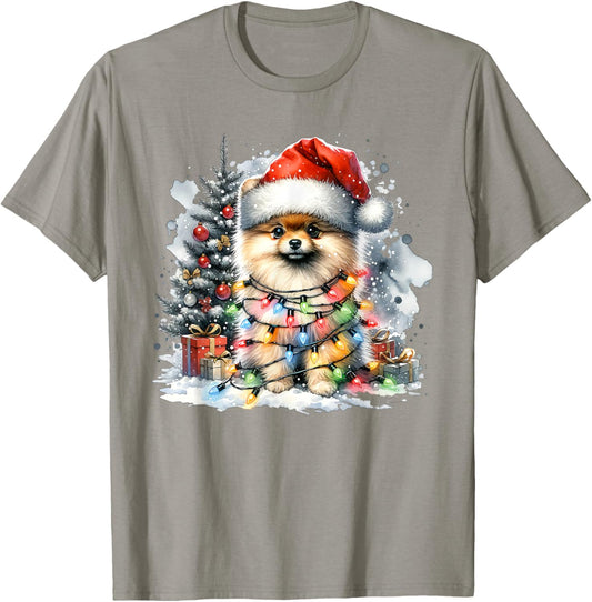 Funny Cute Santa Pomeranian Dog Tangled In Christmas Lights T-Shirt - T-Shirt | Sand