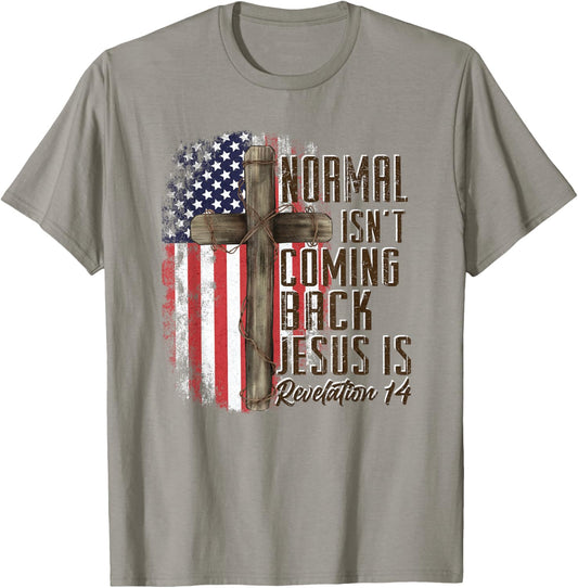 Normal Isn't Coming Back Jesus is Christian American Flag T-Shirt - T-Shirt | Sand