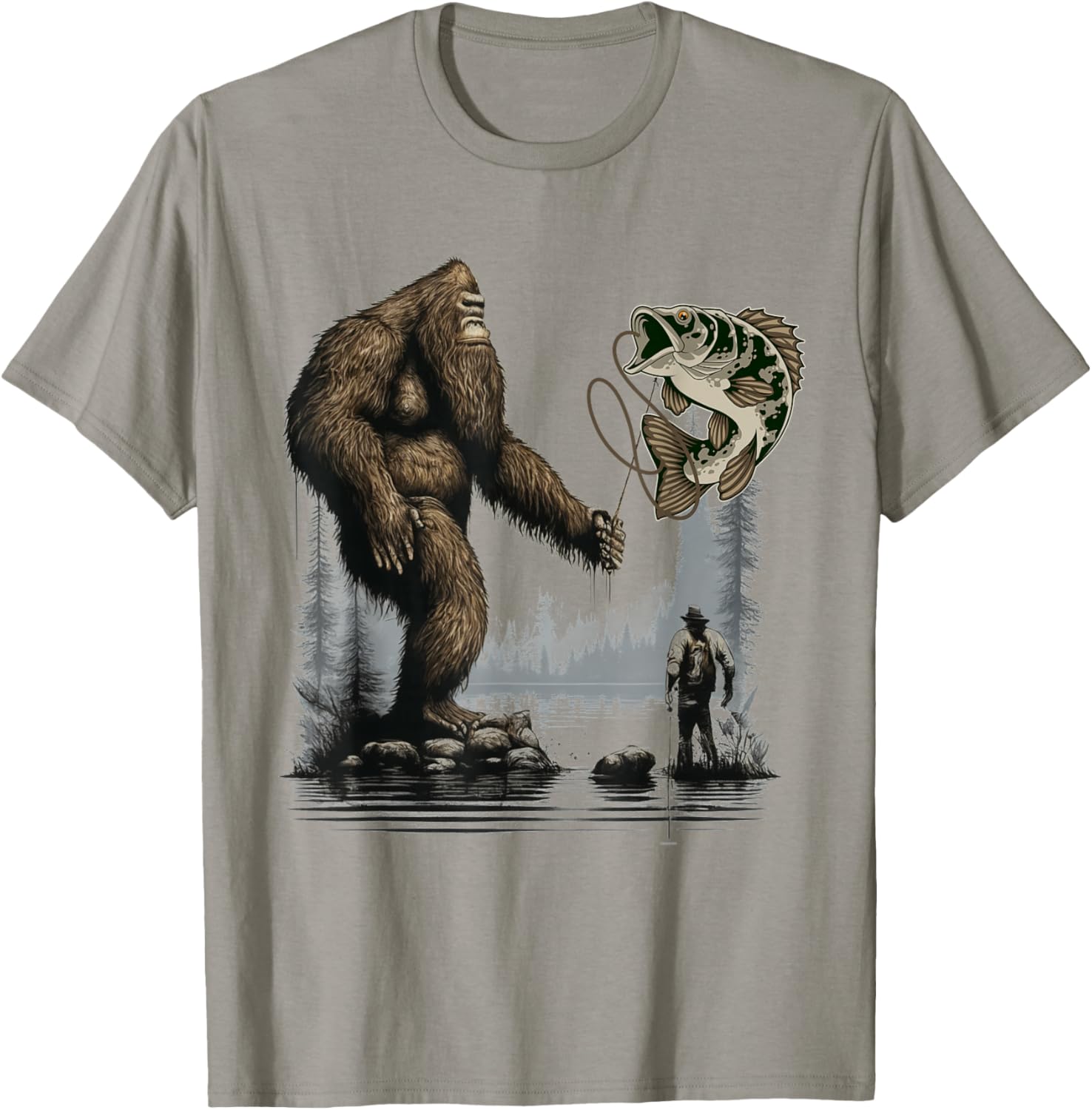 Bigfoot Fishing Funny Sasquatch Fish T-Shirt - T-Shirt | Sand