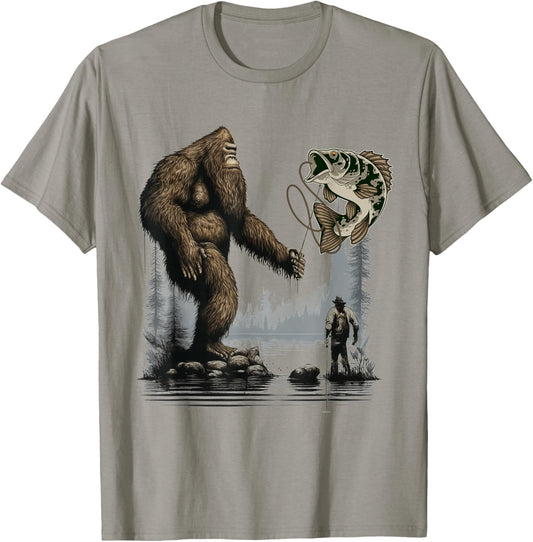 Bigfoot Fishing Funny Sasquatch Fish T-Shirt - T-Shirt | Sand