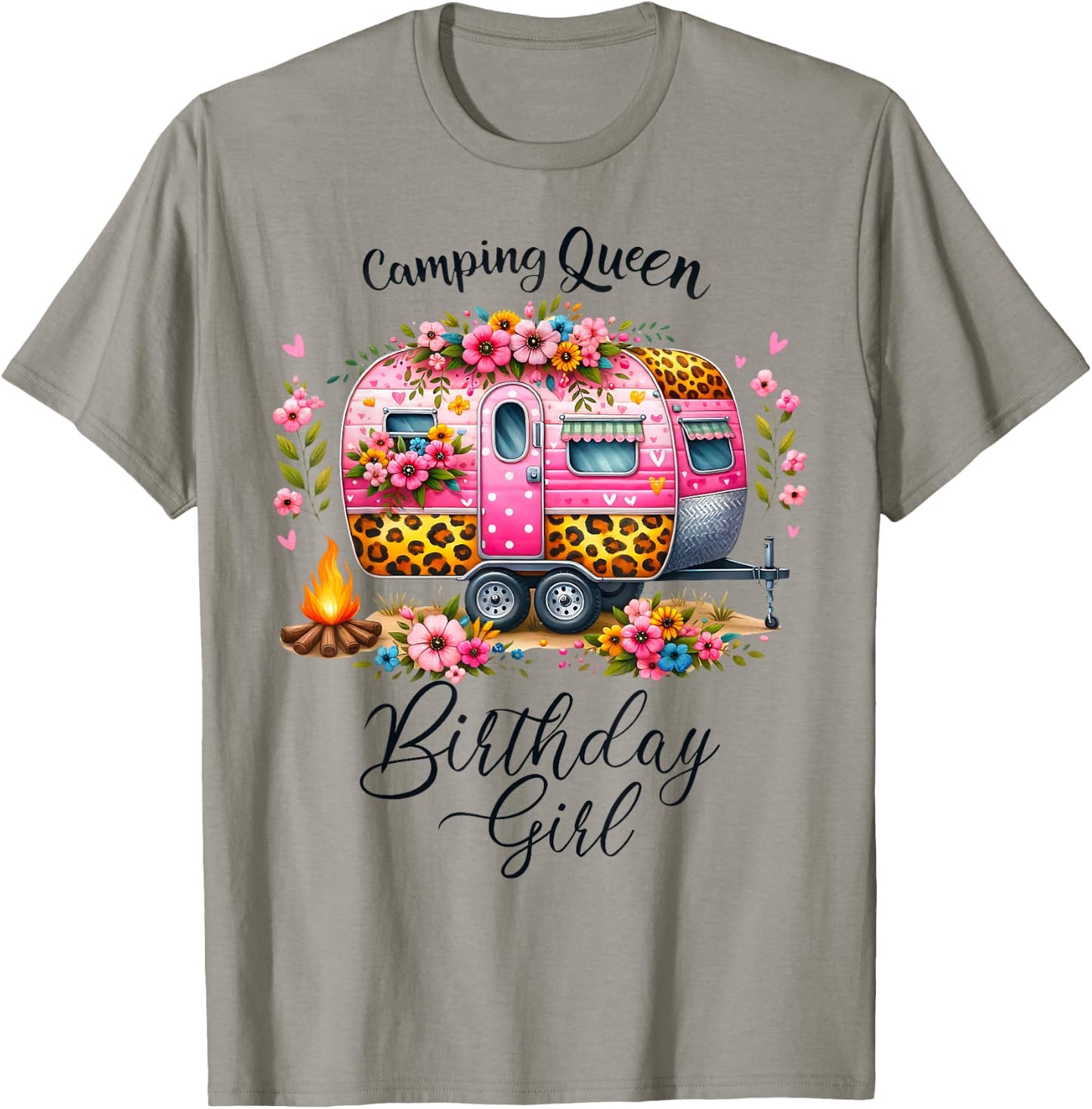 Birthday Camping Queen Camp Pink Floral Van Birthday Girl T-Shirt - T-Shirt | Sand