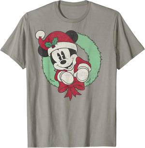 Disney Mickey Mouse Christmas Wreath Santa Hat Portrait T-Shirt - T-Shirt | Sand