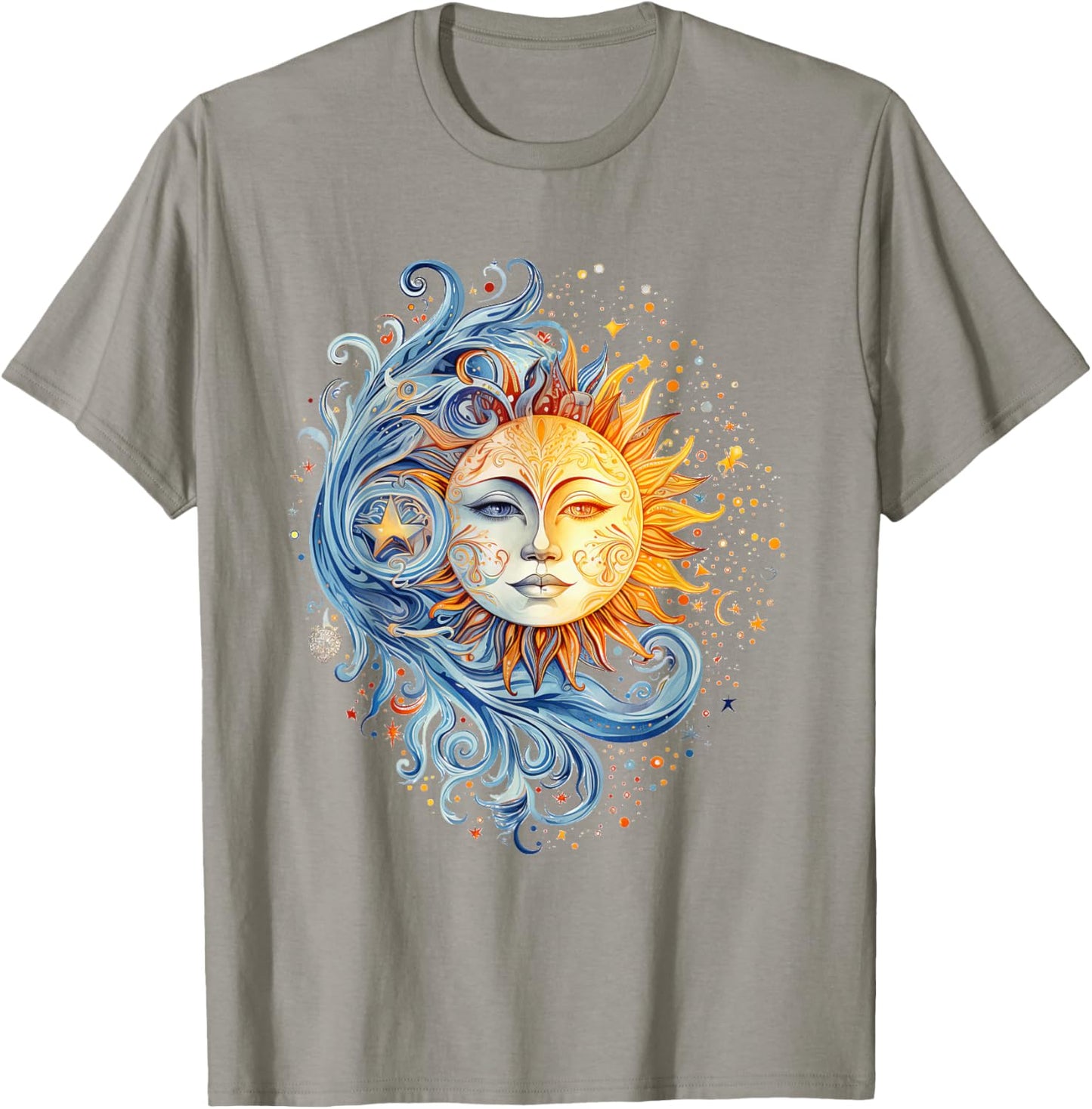 Mystical Sun and Moon with Woman Mystical Flowers Aesthetic T-Shirt - T-Shirt | Sand