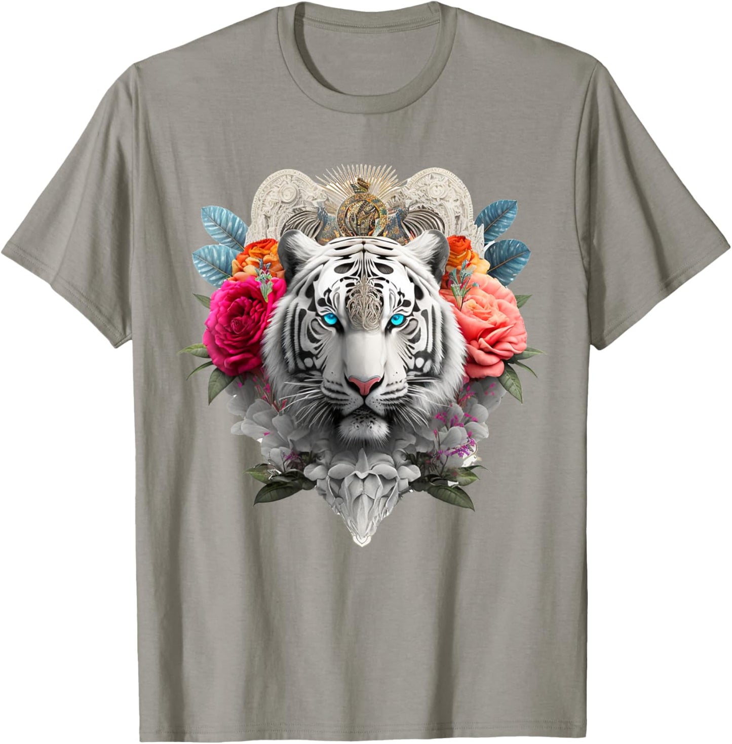 Tiger Flowers Blue Eyes Animal Print Art Tiger T-Shirt - T-Shirt | Sand