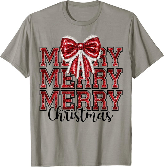 Coquette Bow Santa Claus Merry Christmas Women Xmas Pajamas T-Shirt - T-Shirt | Sand