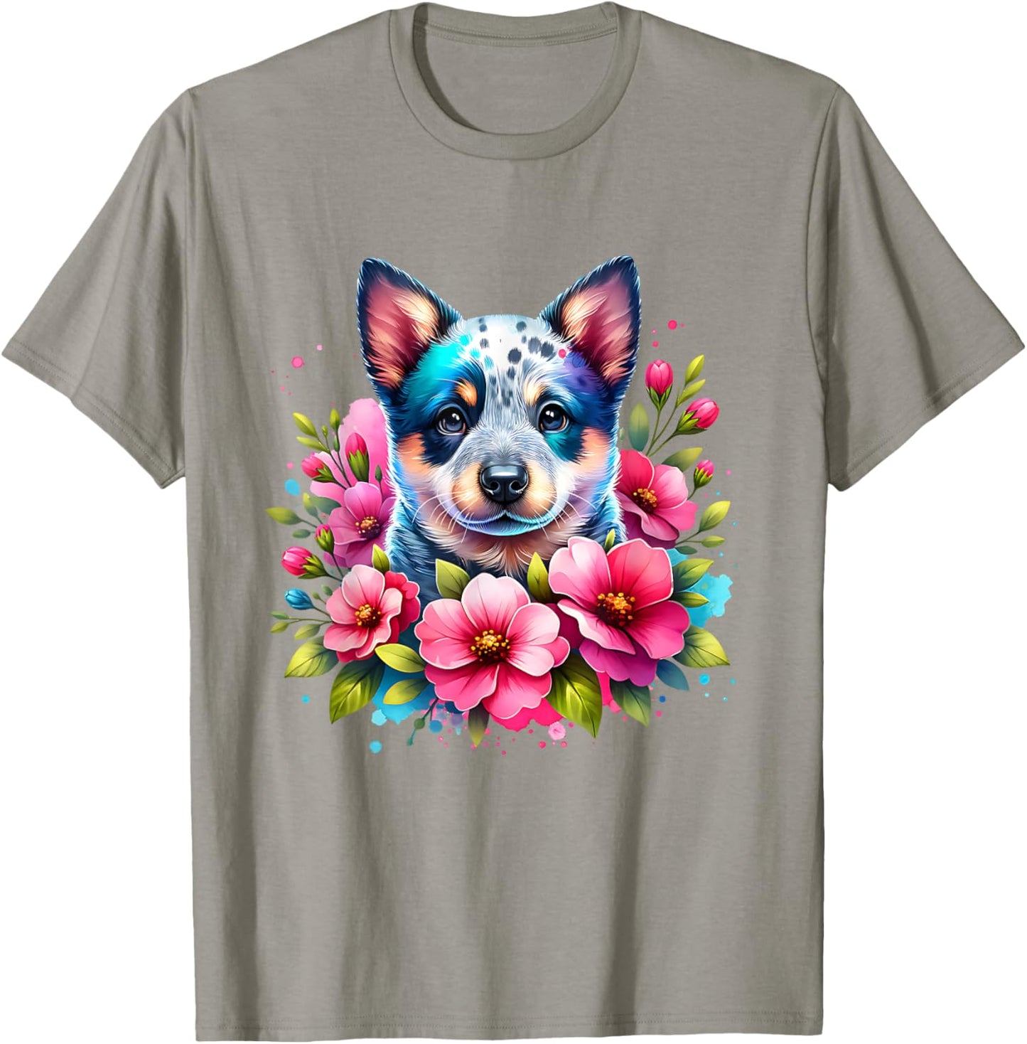 Watercolor Blue Heeler Mom Pink Flower Australian Cattle Dog T-Shirt - T-Shirt | Sand