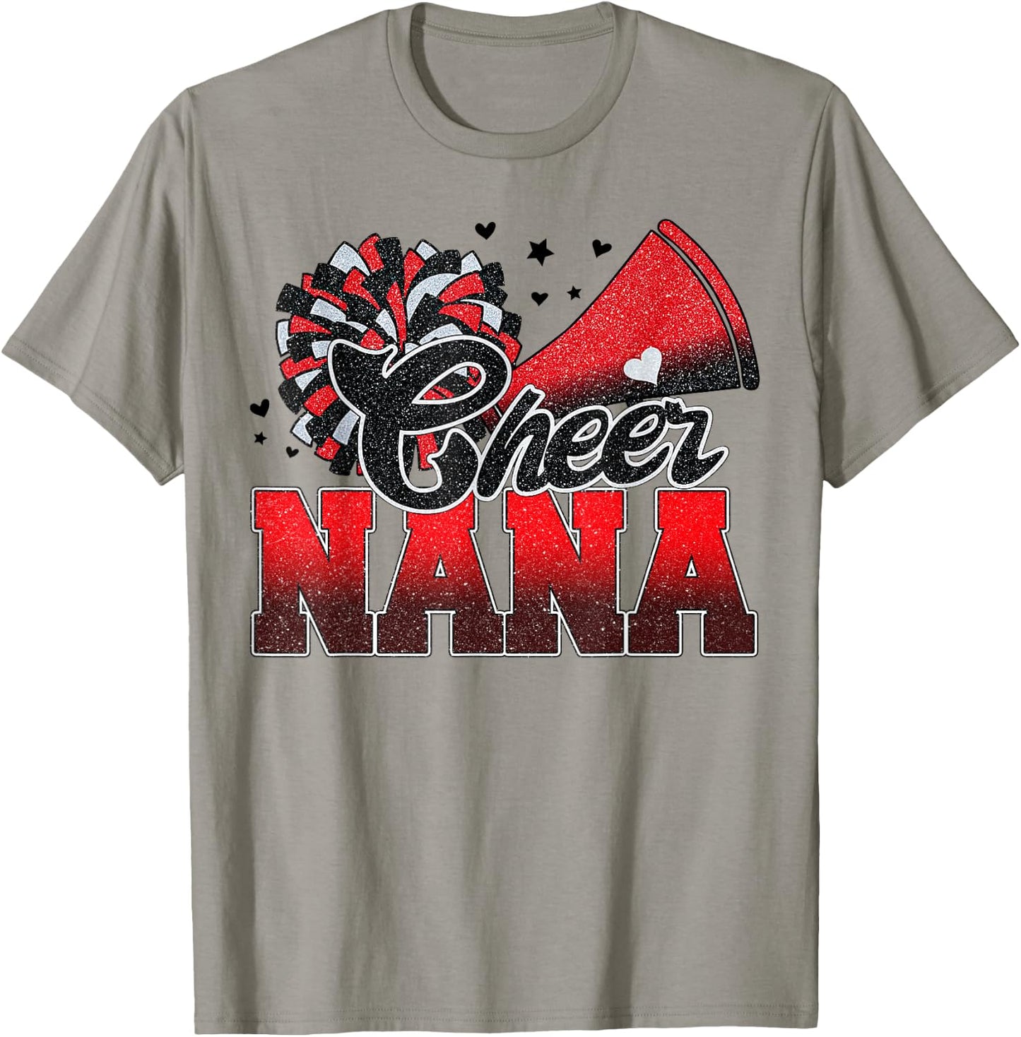 Cheer Nana Cheer Leader Gift Biggest Fan Black Red Pom Pom T-Shirt - T-Shirt | Sand